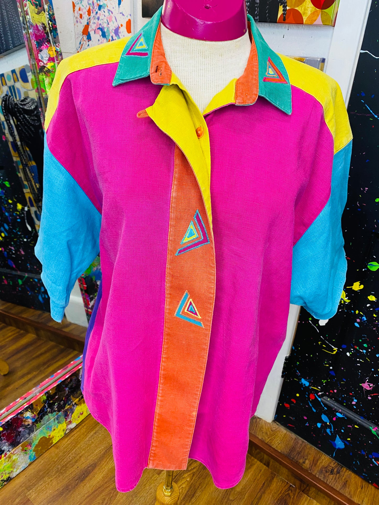 Vintage Colorblock Linen Blouse