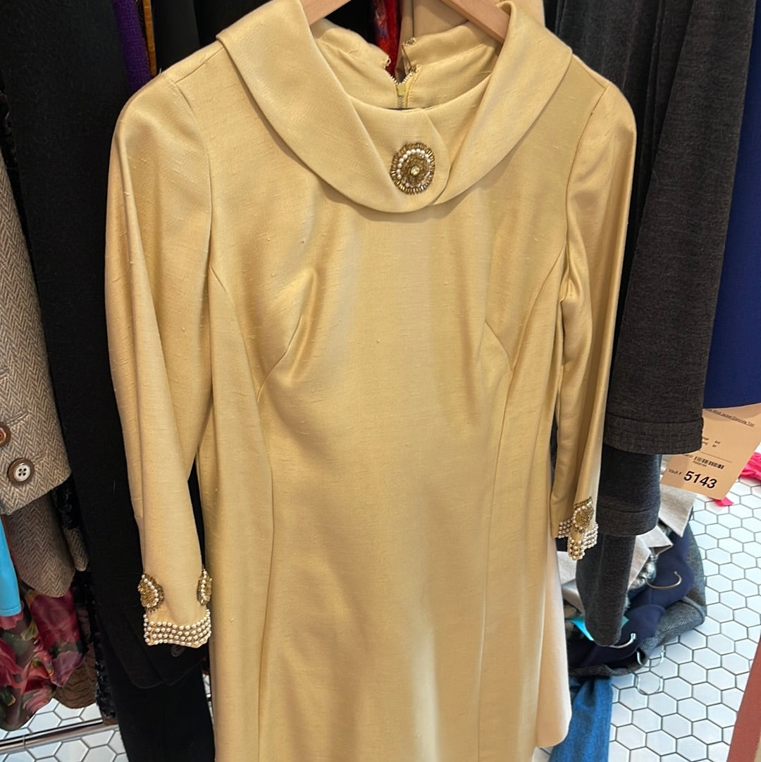Citron Shantung Silk Beaded Shift Dress