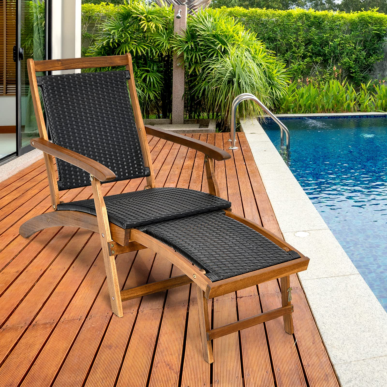 Tangkula Acacia Wood Folding Chaise Lounge Chair, Patiojoy Outdoor Foldable  Deck Chair, Portable Wicker Lounger with Retractable Footrest
