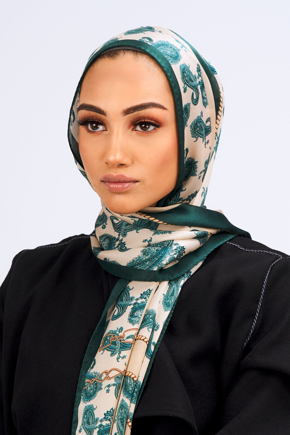 Silk Satin Scarf in Green & Beige Paisley Print
