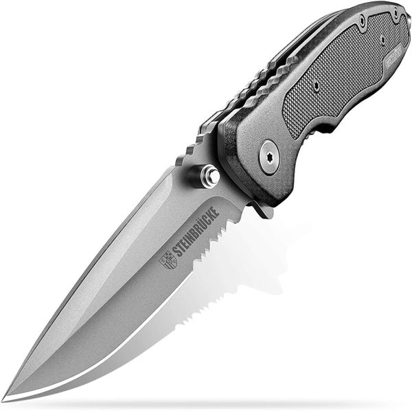 Steinbrücke EDC Knife Pocket Knife - 3.4'' Sandvik 14C28N Knife Stainless Steel Serrated Blade, G10 Aluminum Handle with Glass Breaker