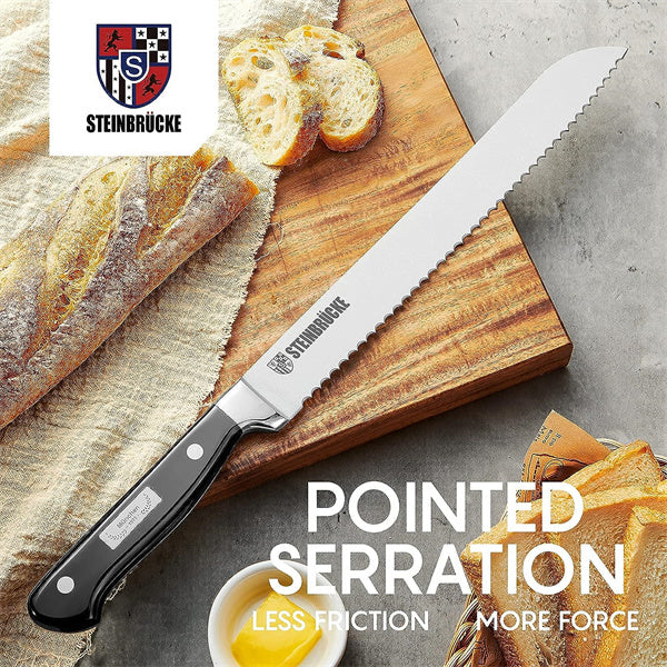 Steinbrücke Serrated Bread knife 10 inch - Ultra sharp Bread Slicing Knife Forged from Stainless Steel 5Cr15Mov, HRC58, Full Tang
