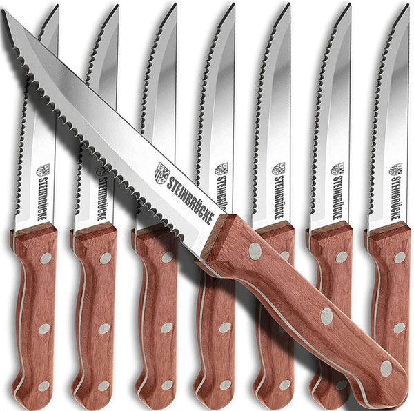 Steinbrücke Steak Knife Set of 8 Pcs with Wooden Handle, Knives Set for Kitchen, Serrated, Class, 5Cr15Mov Stainless Steel Blade