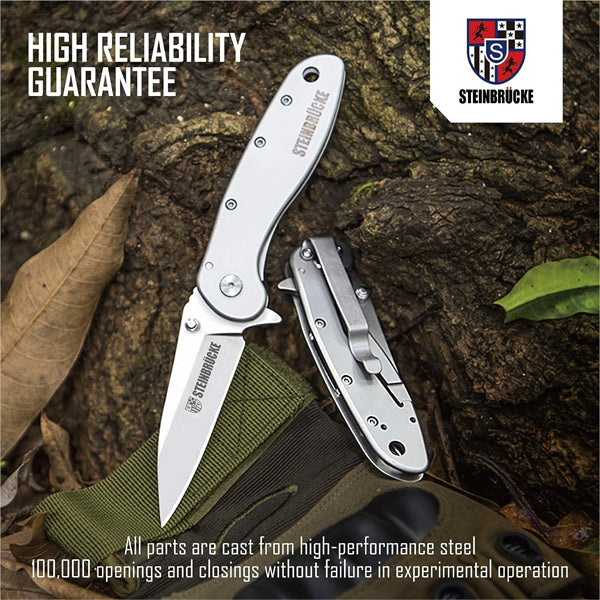 Steinbrücke Folding Knife 3.1 inch Sandvik 14C28N Stainless Steel Blade, SS410 Handle Pocket Knives with Reversible Clip