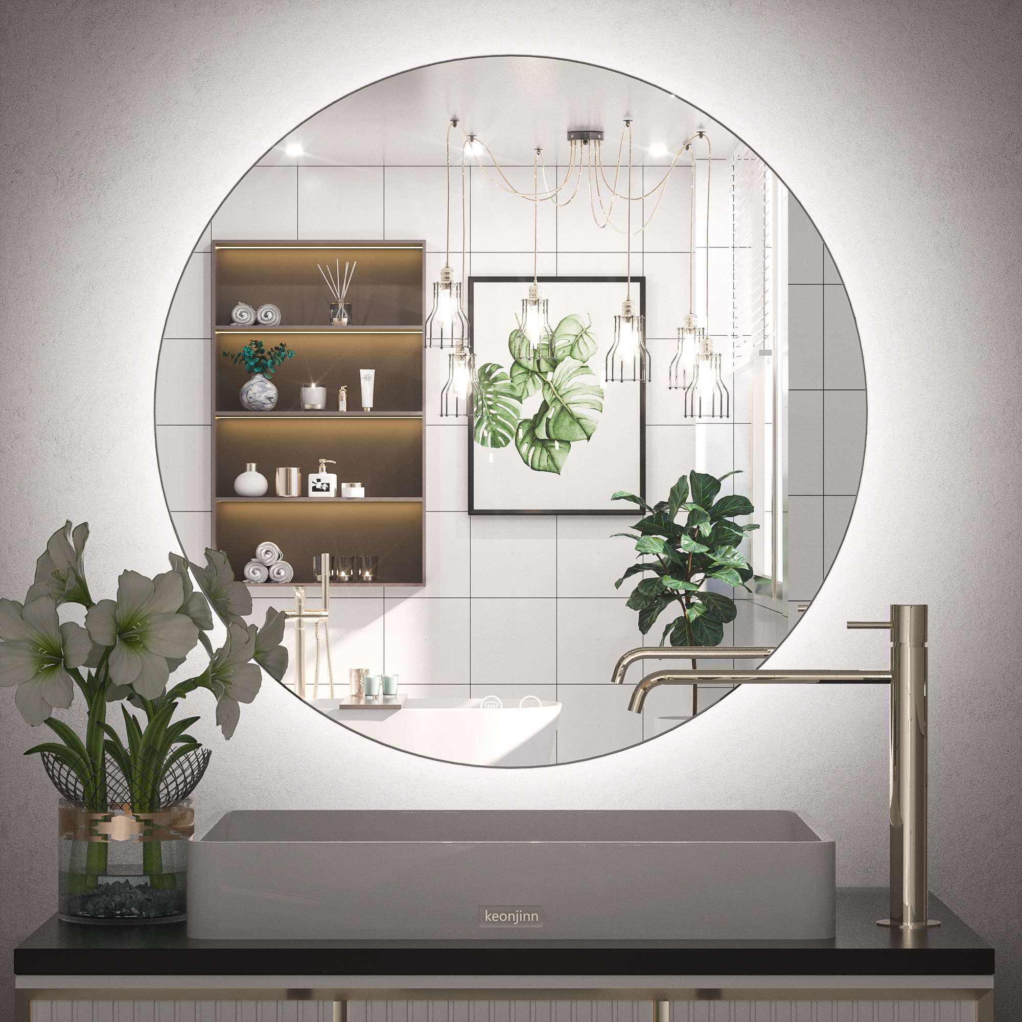 Keonjinn Round LED Mirror Backlit Mirror Bathroom Vanity Mirror with Anti-Fog Circle Lighted Mirror Large Round Bathroom Mirror Wall Mounted Dimmable Illuminated Makeup Mirror, CRI 90+ – Keon Jinn