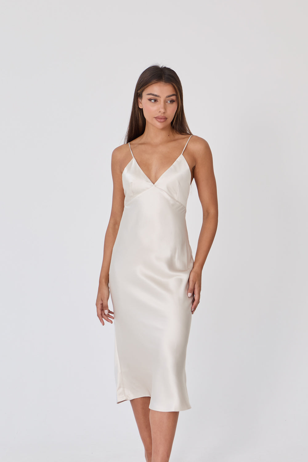 Champagne Strappy Satin Cowl Midi Dress Wishupon