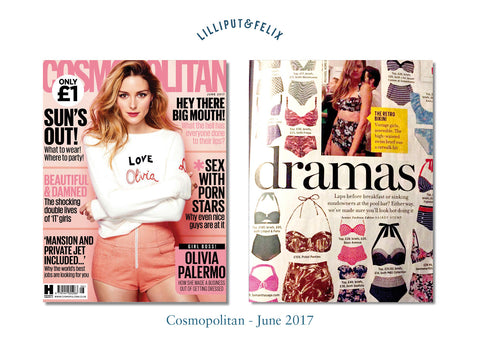 Cosmopolitan magazine features Lilliput & Felix retro swimwear brand's high-waisted balconette bikini in green crochet