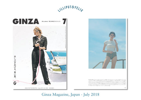 Lilliput & Felix sustainable swimwear featured in Ginza Magazine Japan's article with the Anastasia ruffle high-waisted bikini in Orange Rainbow Gingham