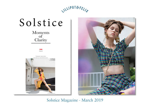 Lilliput & Felix Anastasia seersucker bikini top and Calypso skirt featured in Solstice Magazine