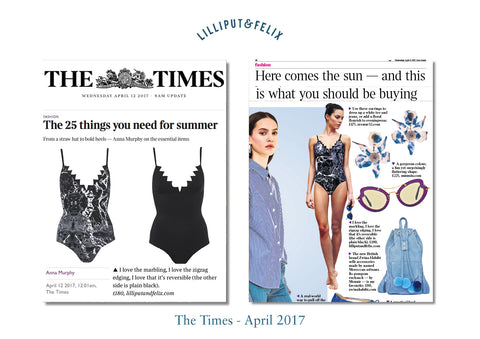 Luxury reversible zig-zag swimsuit- the Pas de Chat by Lilliput & Felix in black and black marble- featured in the Times Fashion section of the newspaper