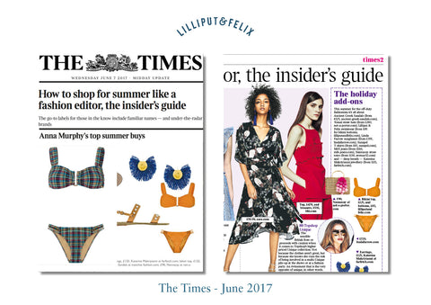 The Times features Lilliput & Felix swimwear - gingham and yellow bandeau flattering bikinis with removable and adjustable straps