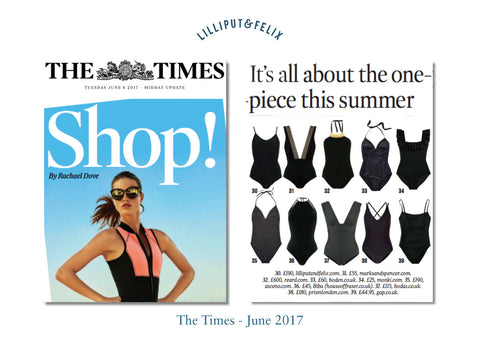 The Times magazine features Lilliput & Felix retro swimwear brand's multi-tie reversible swimsuit- the Arabesque in Black and Black Marble