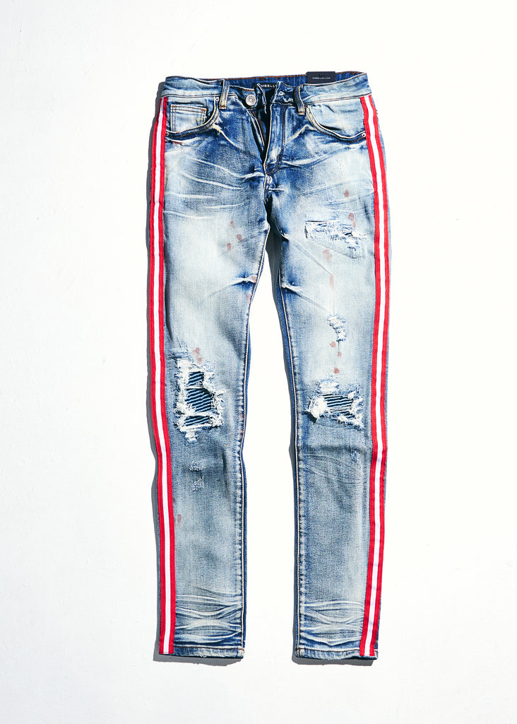blue jeans with red stripe