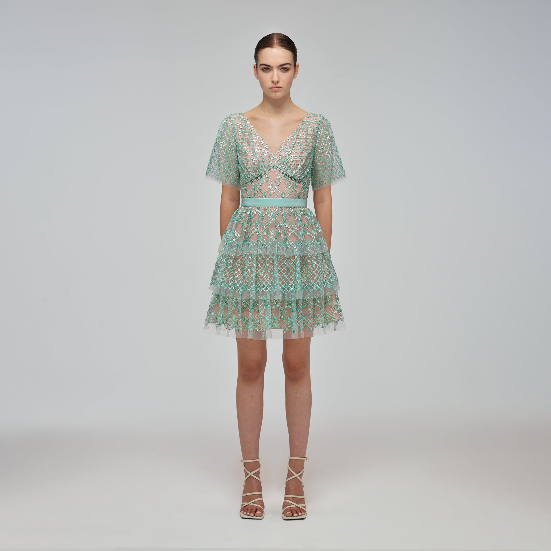 Grid Sequin Tiered Mini Dress | self-portrait