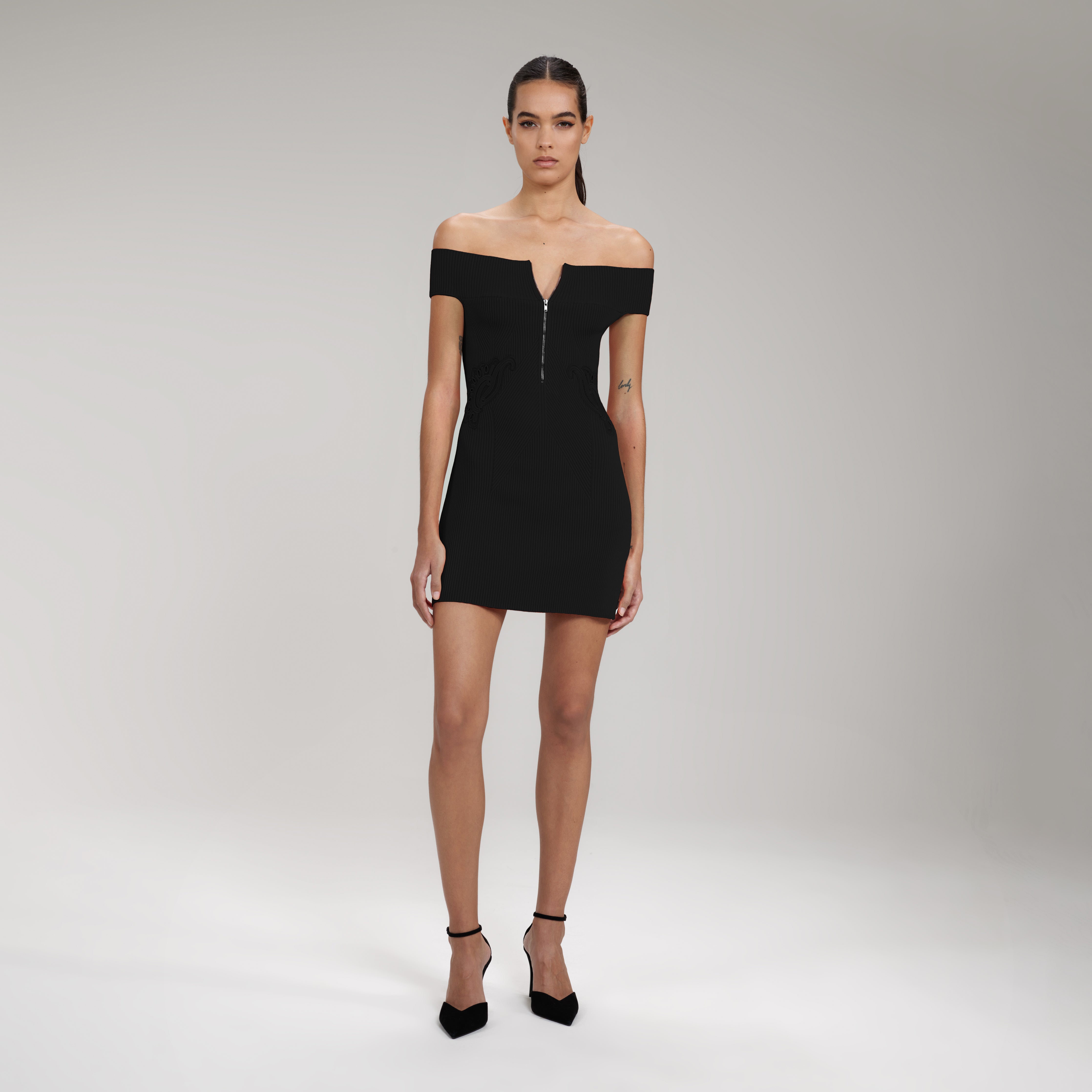 Black Inserted Lace Ribbed Knit Mini Dress