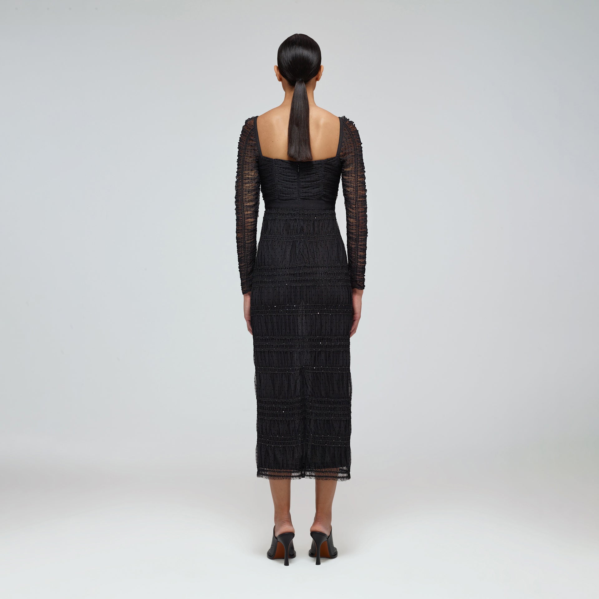 Black Dot Mesh Shirred Midi Dress | self-portrait