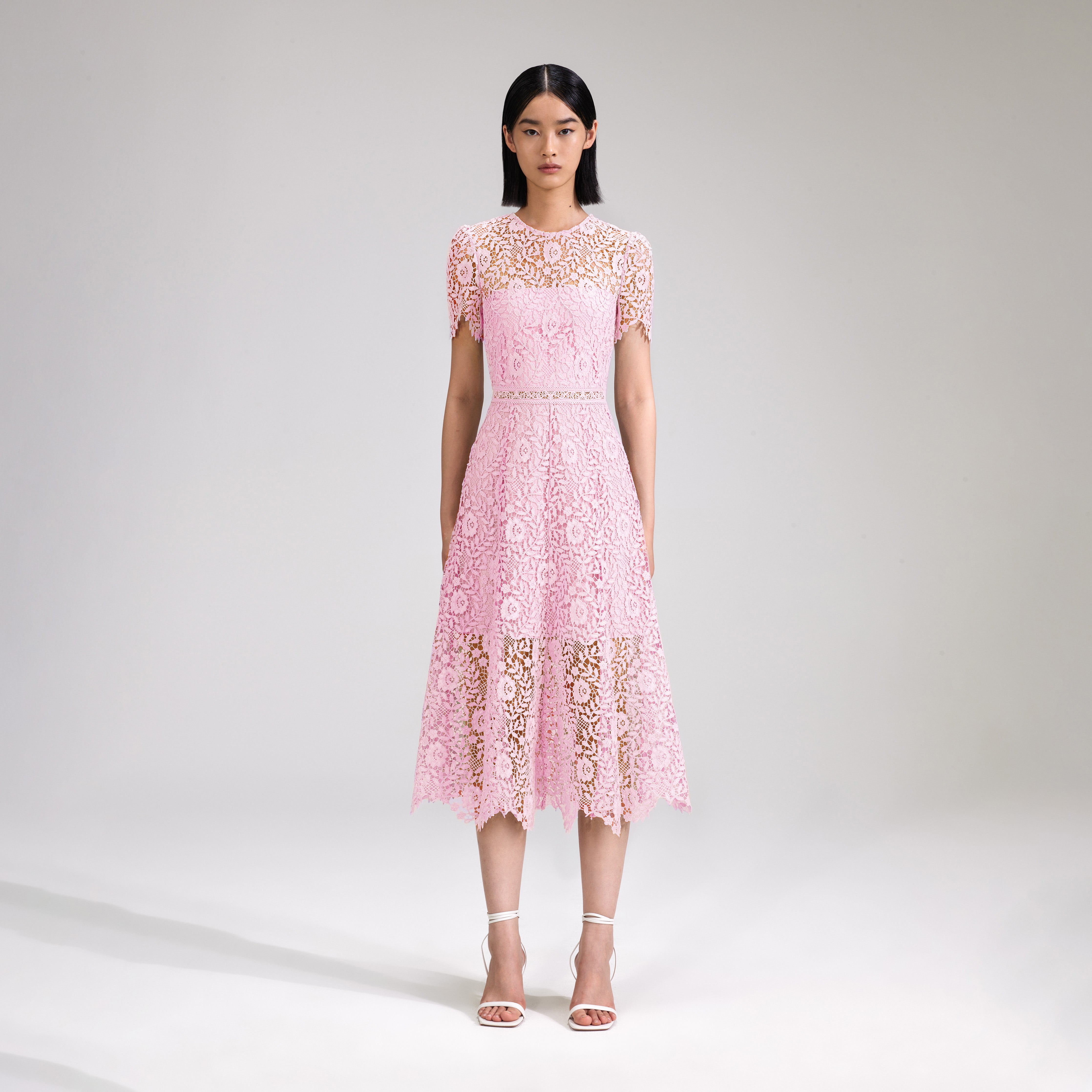 pink lace midi dress