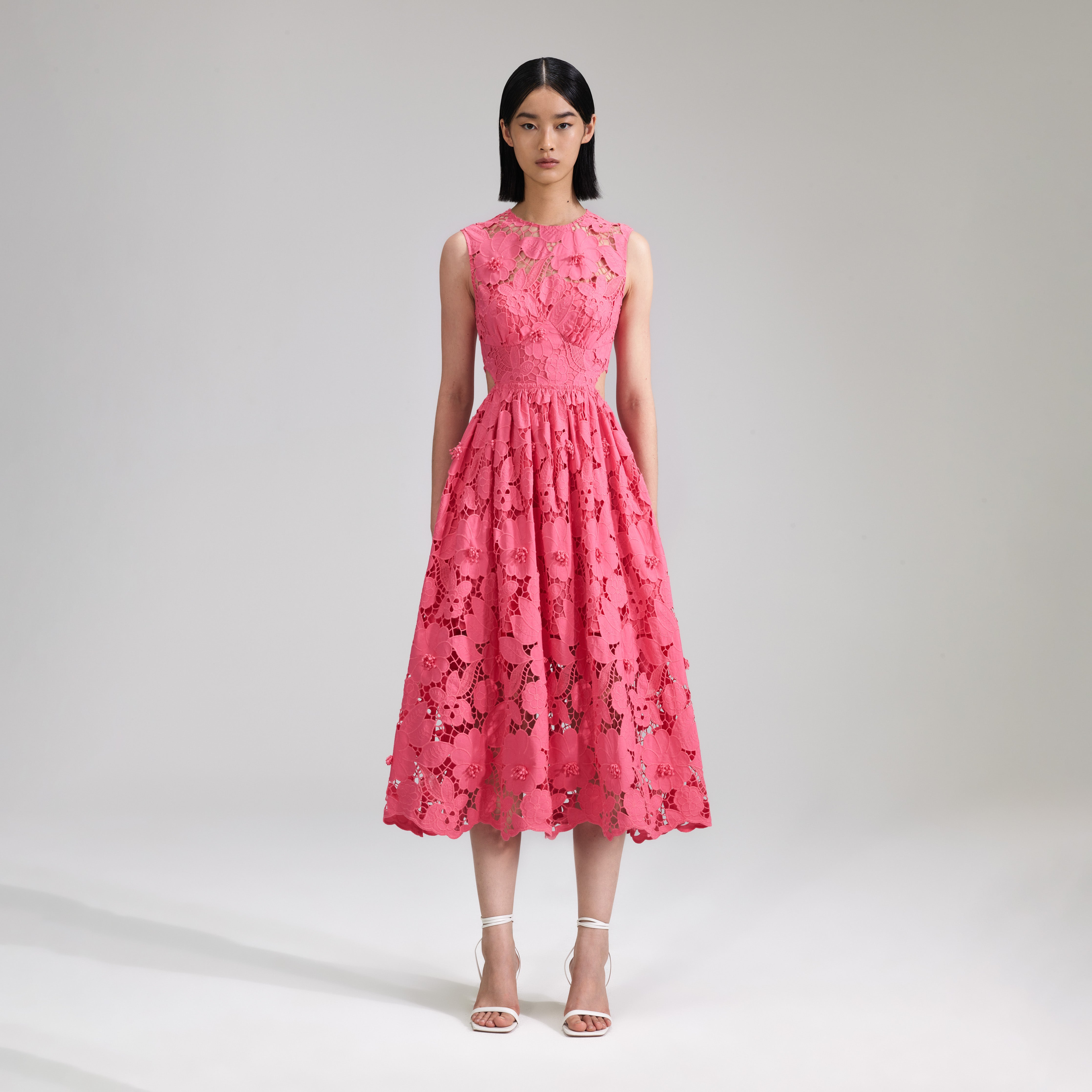 pink lace midi dress