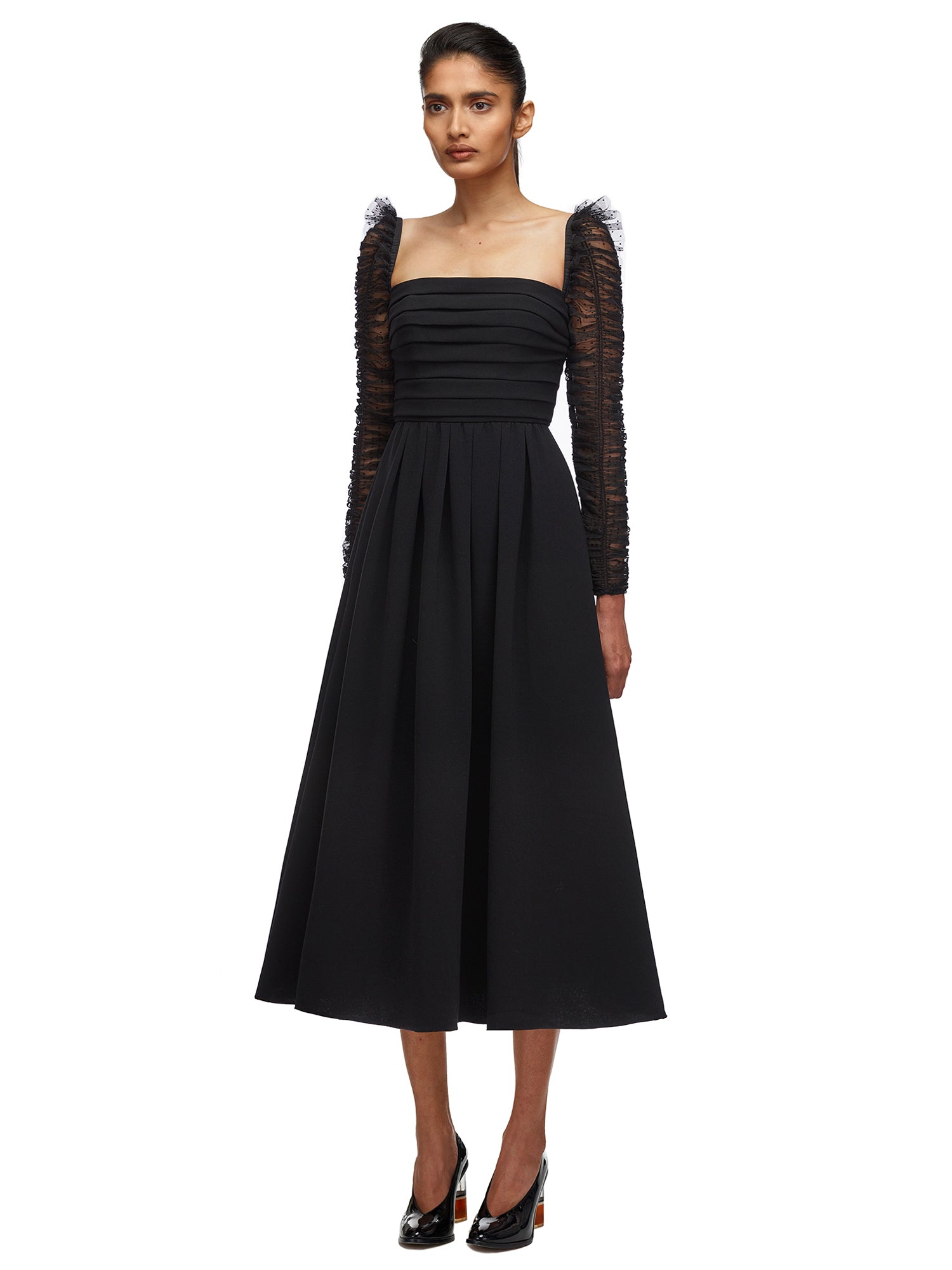 Crepe Dot Mesh Sleeved Midi Dress