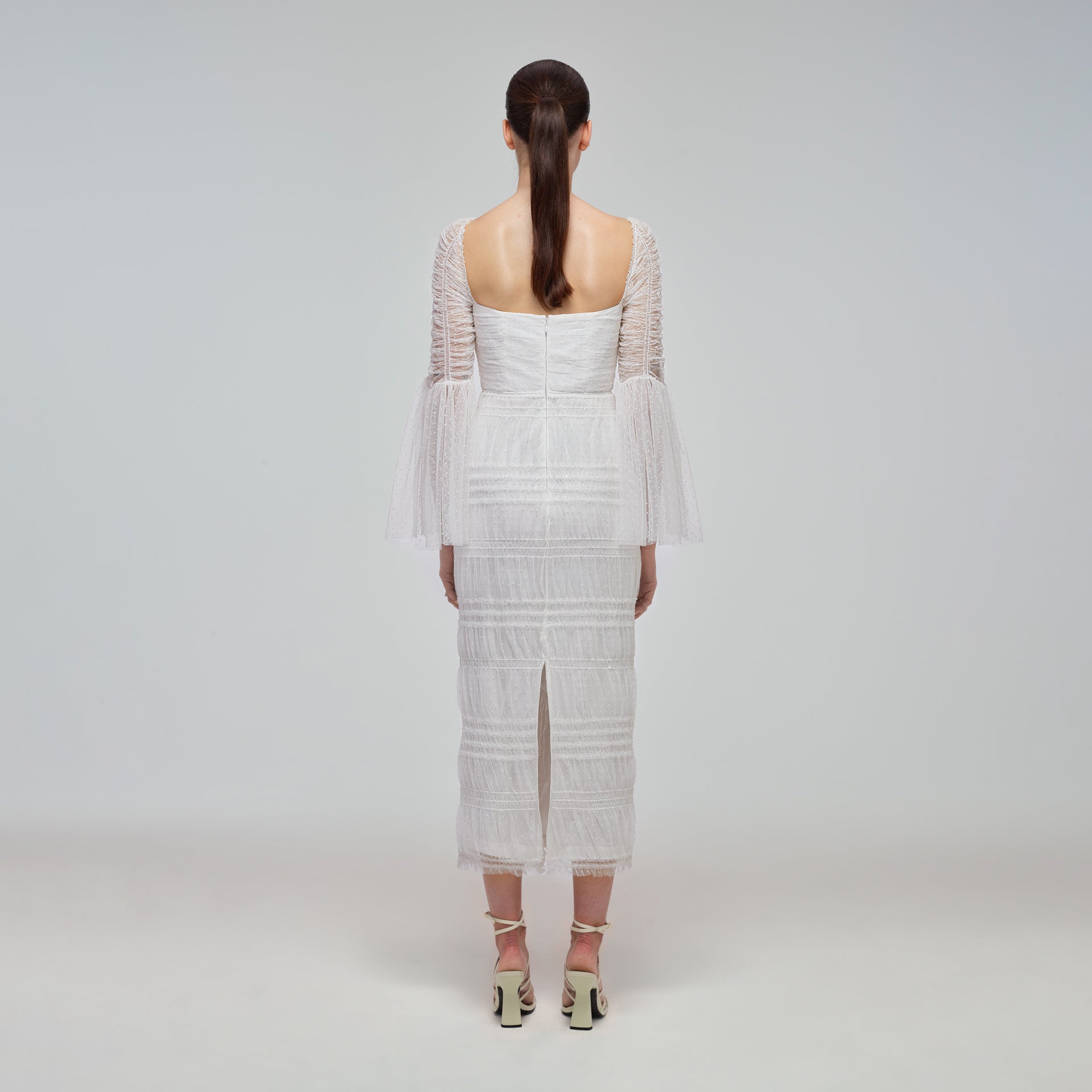 White Shirred Dot Mesh Midi Dress | self-portrait