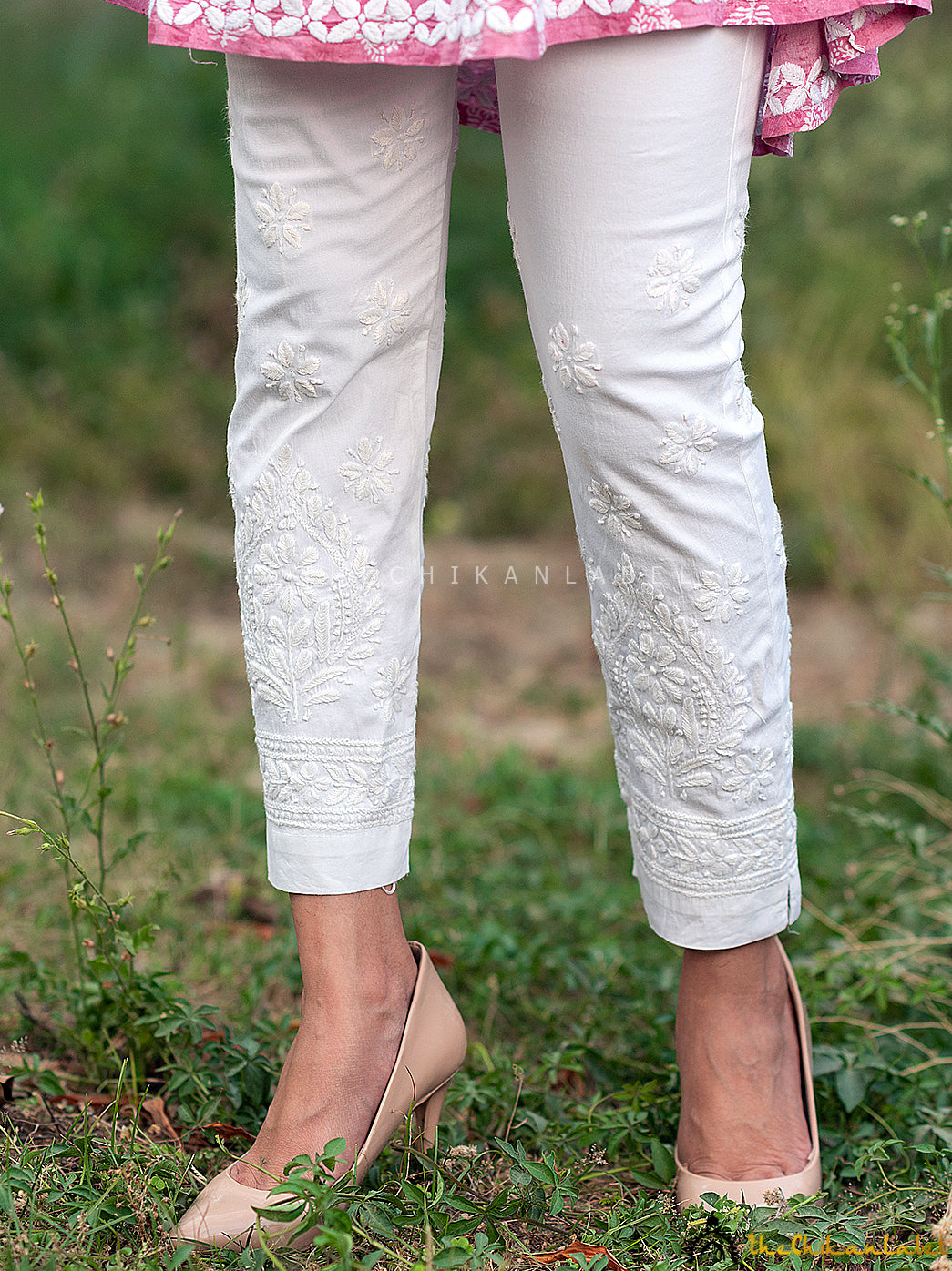 White Adya Lycra Straight Chikankari Cigarette Pant