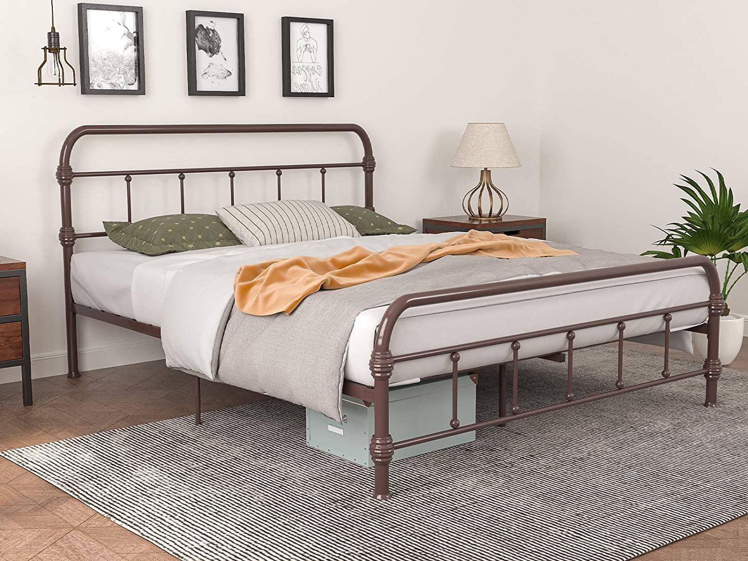 Queen size Metal Bed Frame Steel Slat Platform Headboard Bedroom Antique Brown 