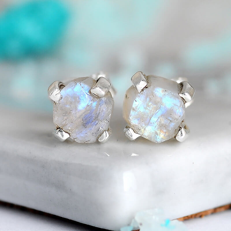 100% NATURAL 9MM RAINBOW MOONSTONE & BLUE SAPPHIRE STERLING SILVER 925 EARRING