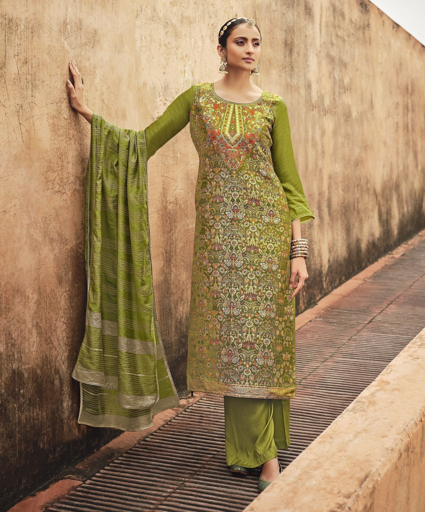 Green Woven Minakari Silk Jacquard Straight Salwar Kameez Suit (Unstitched) - Straight Suits - Raspberry Blush
