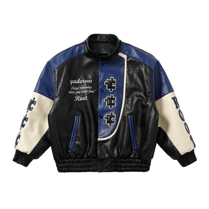 YADcrew X ROOT Stitching Puzzle Leather Motorcycle Jacket