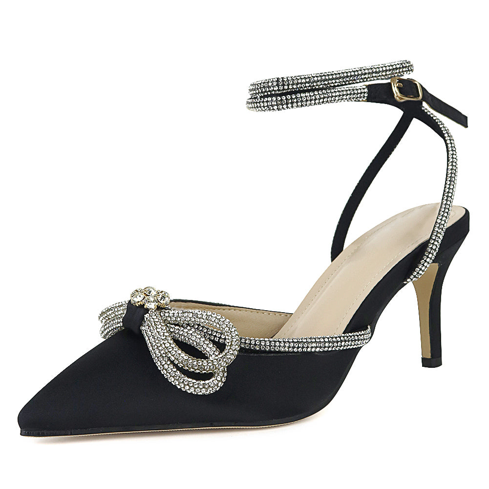 Female Ankle Strap Pumps Thin Heels Pointed Toe Crystal Elegant Bridal Wedding Shoes