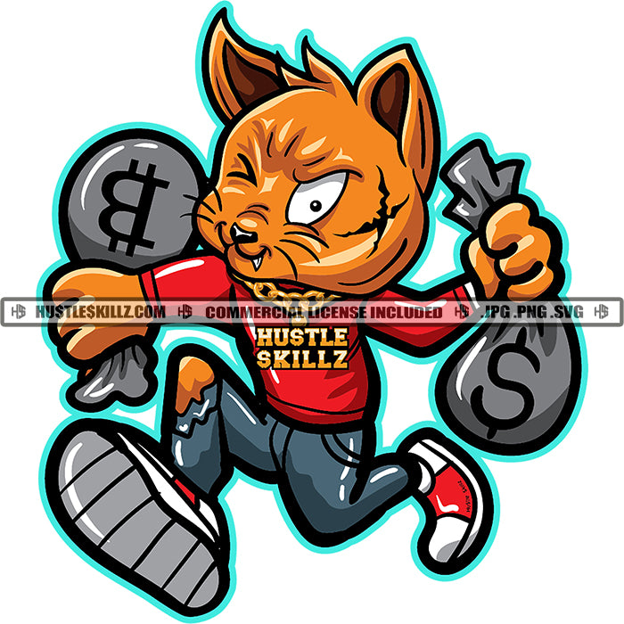 Gangster Cat Scarface Cartoon Character Running Cash Bags Evil Sarcast –  HustleSkillz