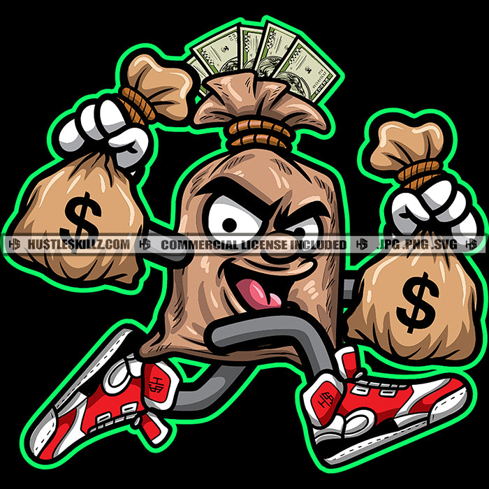 Gangster Money Bag Cartoon Character Running Cash Bags Evil Sarcastic –  HustleSkillz