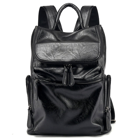 Zip Closure Leather Backpack Black