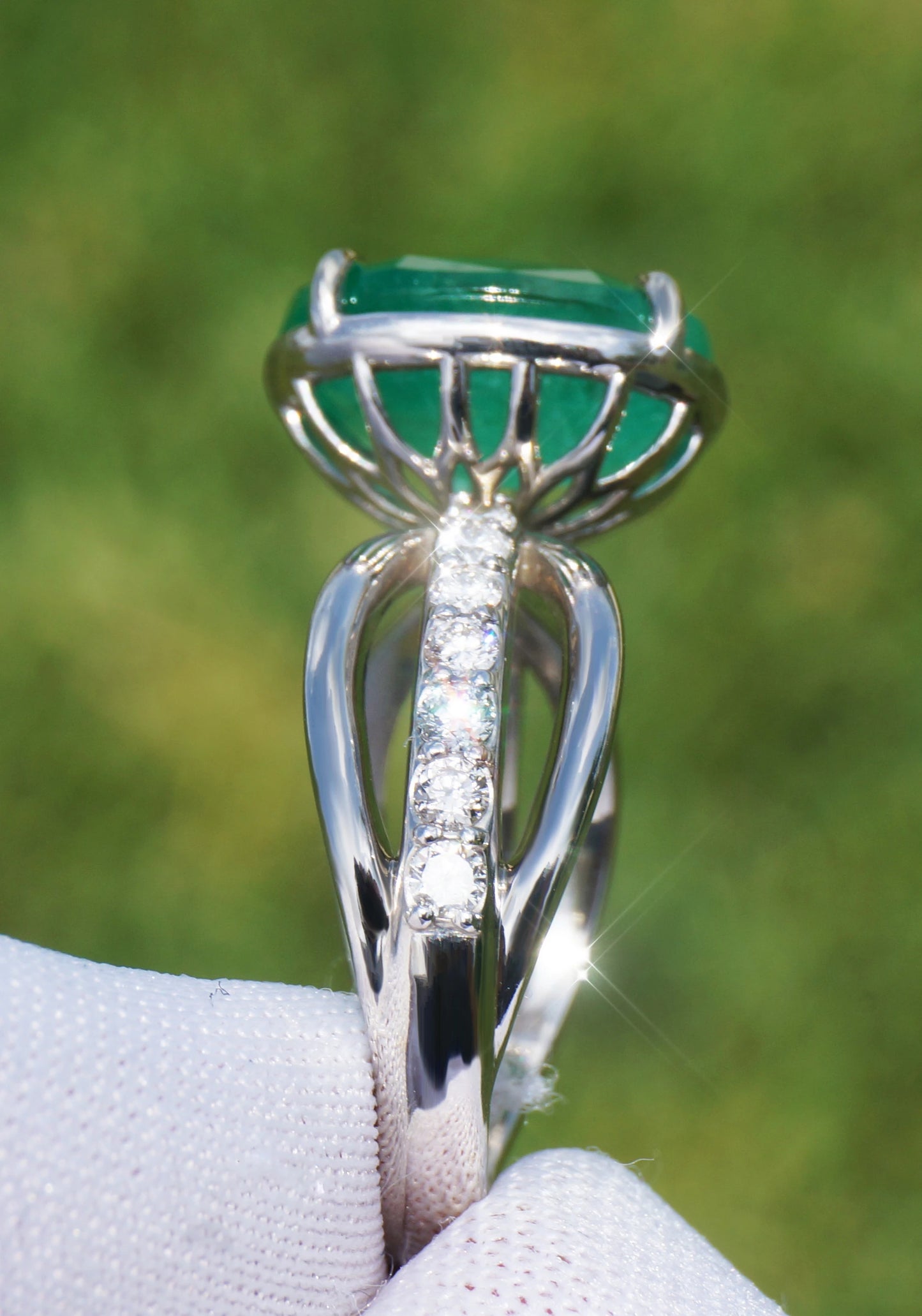 Emerald ring white gold 14k diamond 5.75ctw gia certified cushion cur split shank