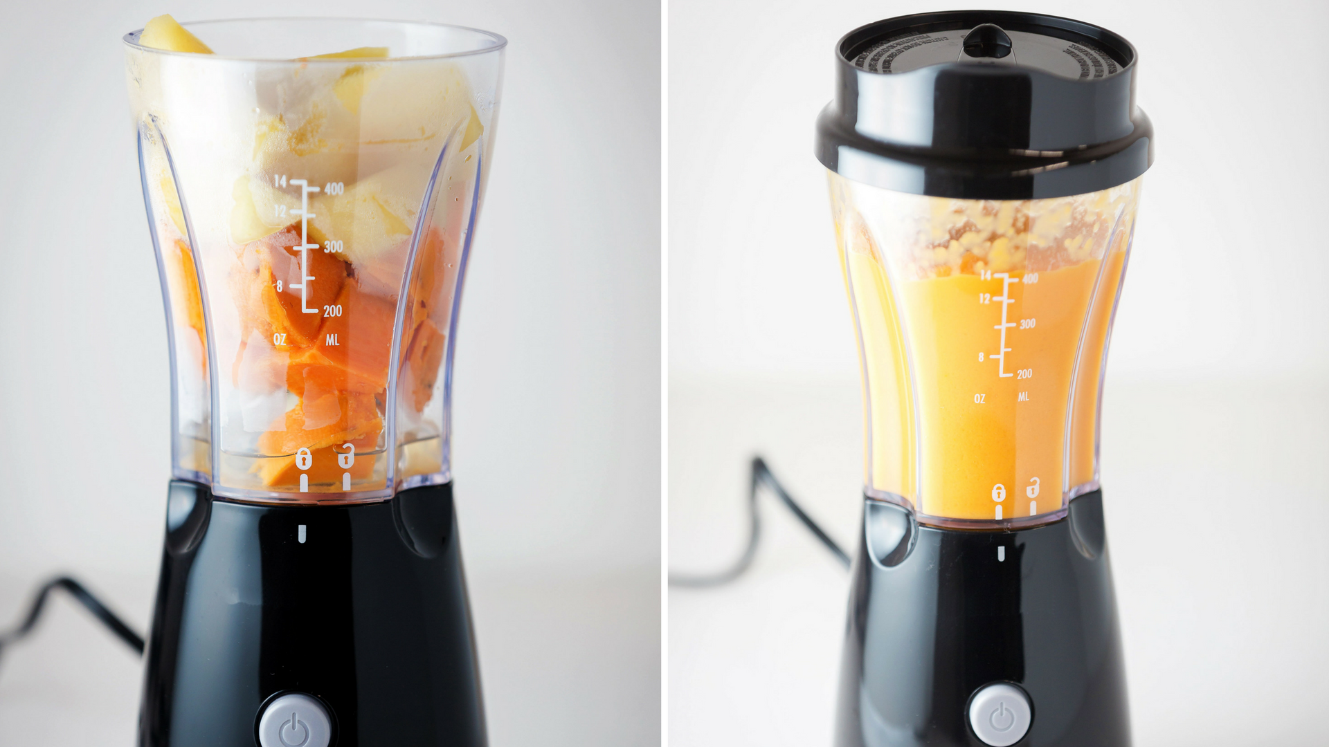 Apple and sweet potato slices being blended in blender