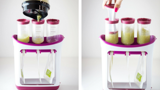 Press puree into squeeze pouches using Infantino Squeeze Station.