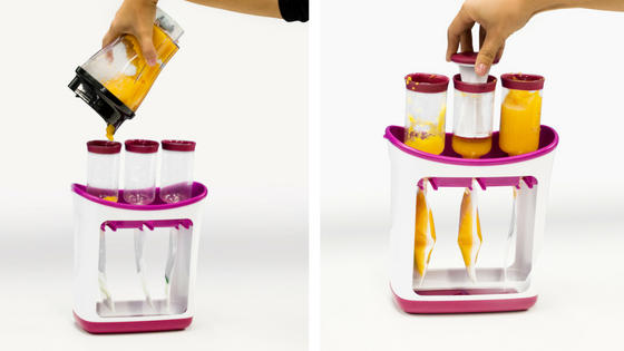 Pour the blended mixture into your Infantino Squeeze Station. Press it into the disposable squeeze pouches.