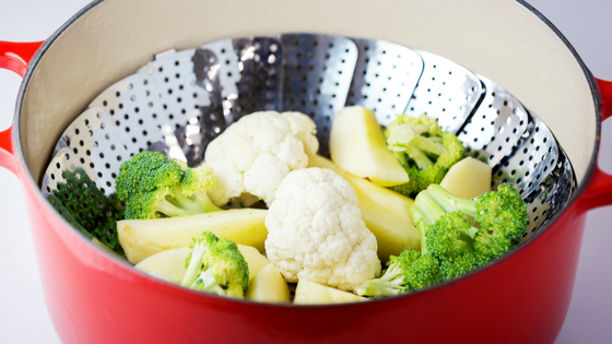 Add cauliflower, and broccoli to steam basket. Steam for 5 to 7 minutes, or until tender. Save the water!