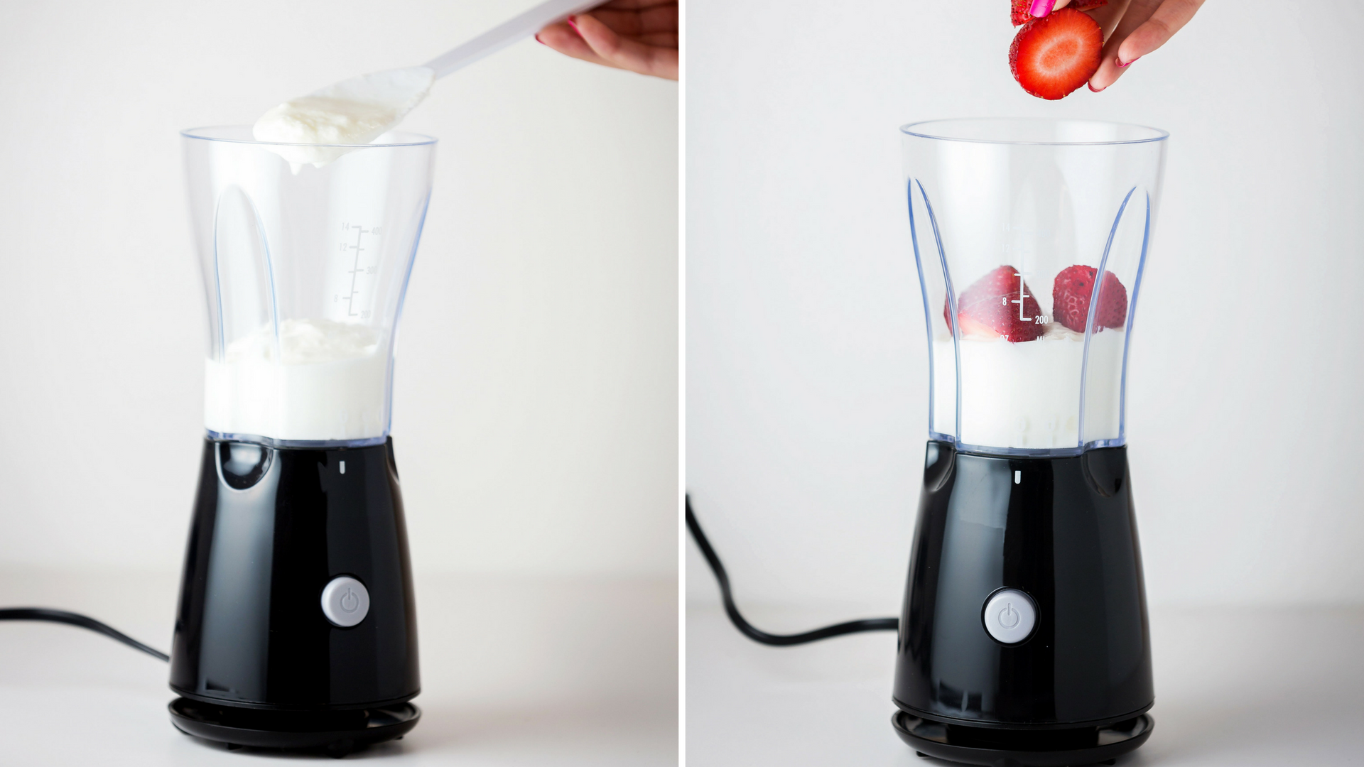 Yogurt and strawberries are put into a blender