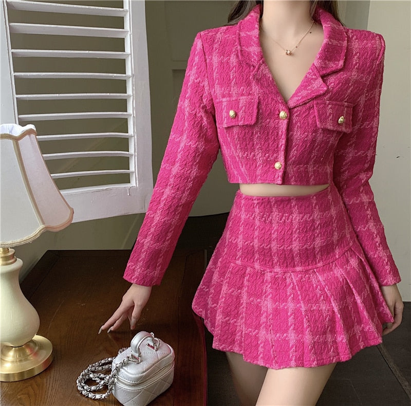 hot pink blazer skirt set