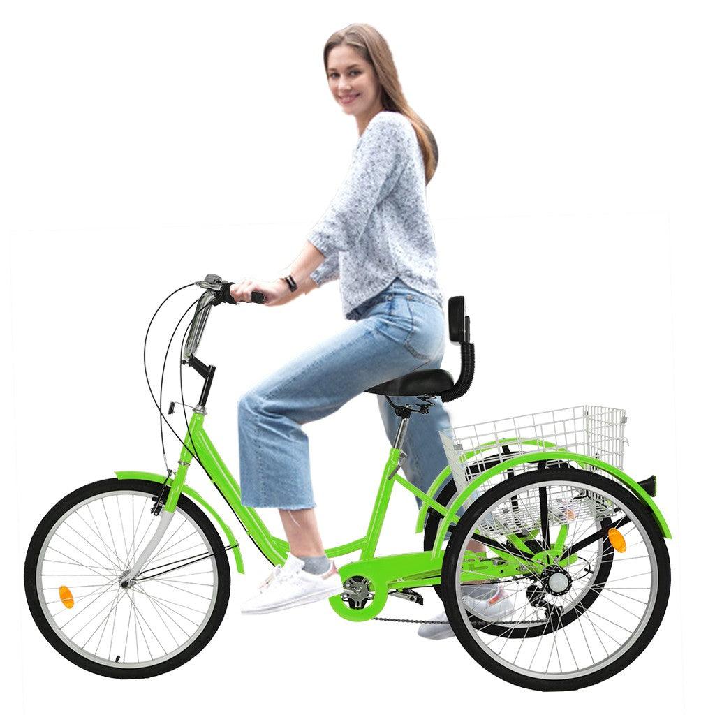 Adult Tricycle Bike 1/7 Speed 3-Wheel Bikes for Shopping W/Installation Tools Comfort Bikes Road Tricycle Folding Three-Wheeled Bicycle Cruiser Tricycle with Shopping Basket 