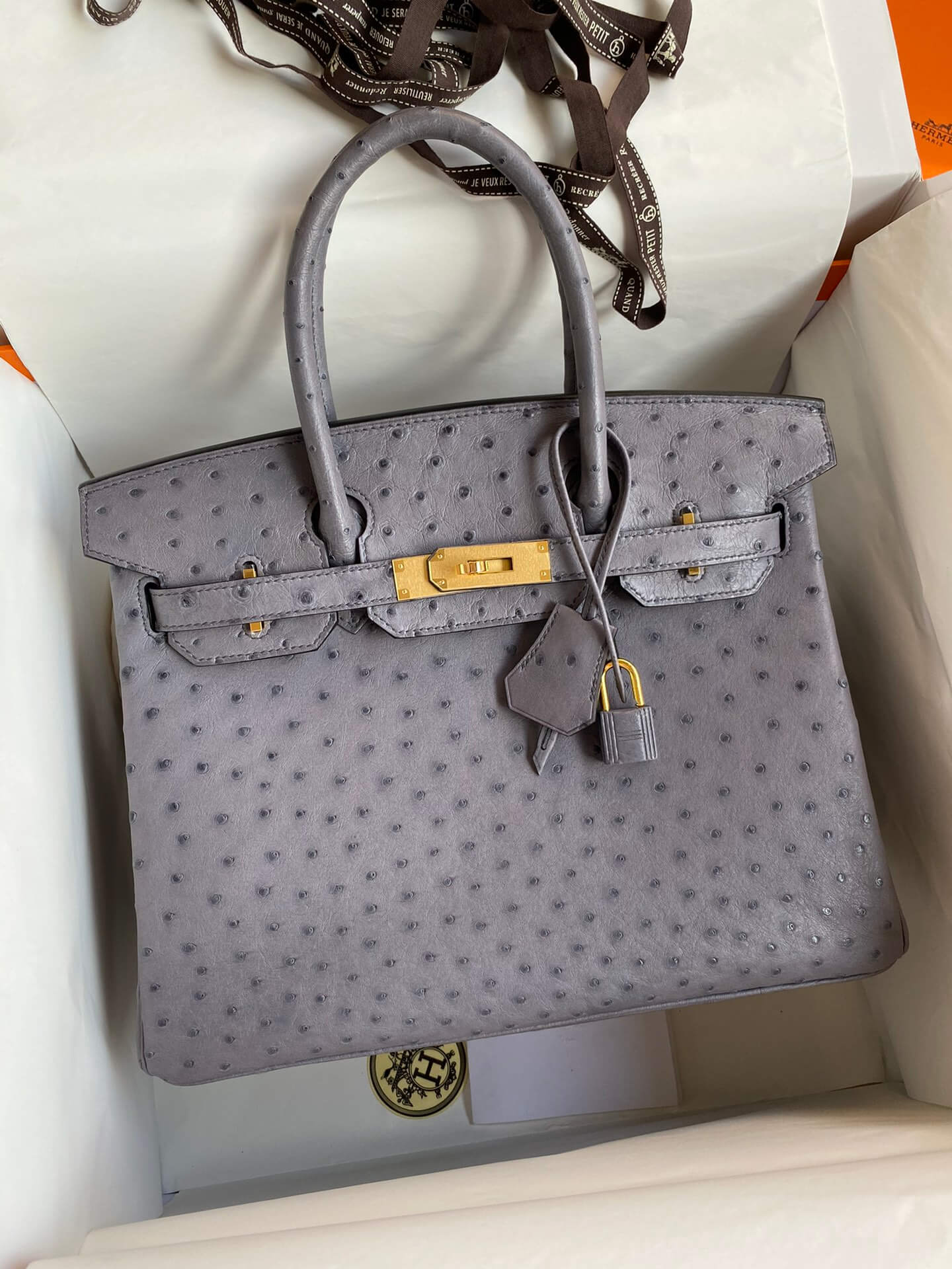 Hermes Birkin 30 Gris Agate Ostrich Gold Hardware - Vendome Monte Carlo