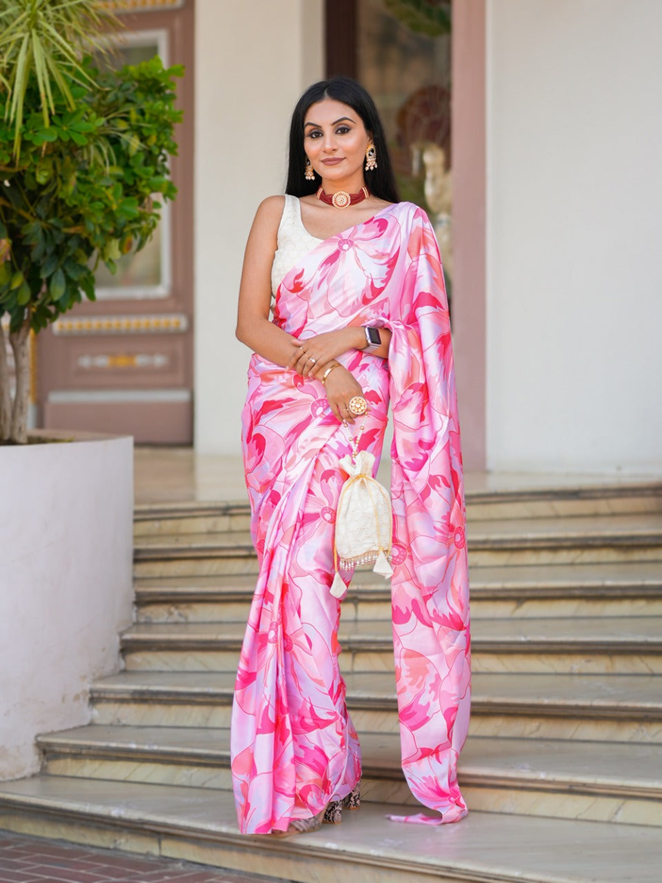 White and Pink Color Digital satin silk Saree – FRESHERS PARTY LOOK IN SAREE