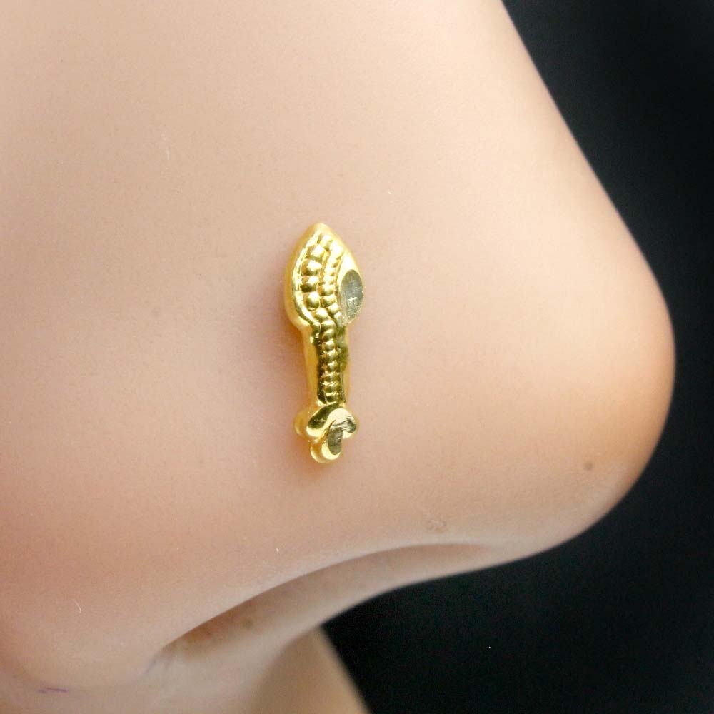 Traditional Vertical 14K Solid Gold Nose Stud Indian Women Push ...
