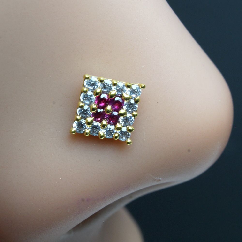indian square nose ring pink cz studded gold plated piercing nose ...