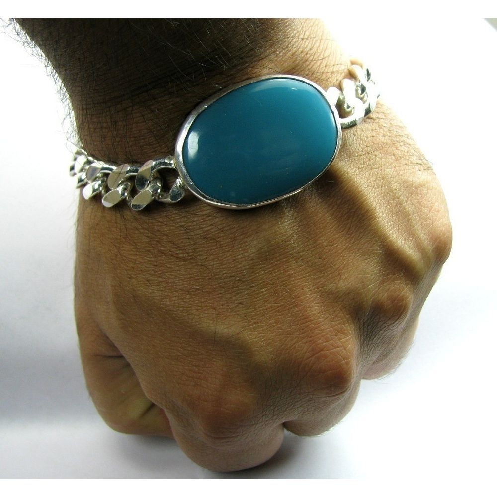 SOLID GENUINE 925 STERLING SILVER CURB LINK CHAIN MEN'S BRACELET TURQUOISE  MAN JEWELRY