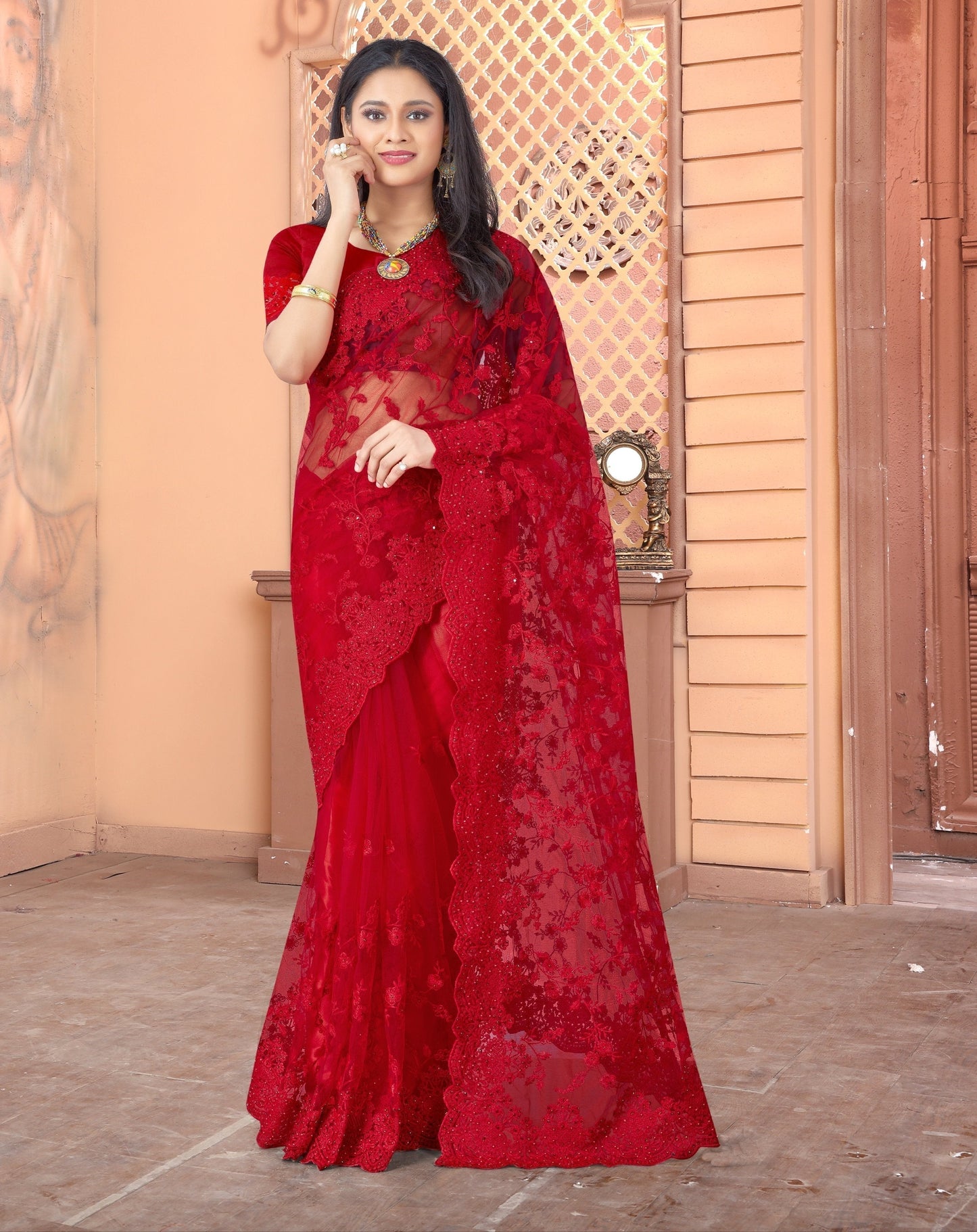 Red Embroidered Pearls Stones Work Net Designer Saree & Unstitched Blouse - Designer Sarees - Raspberry Blush