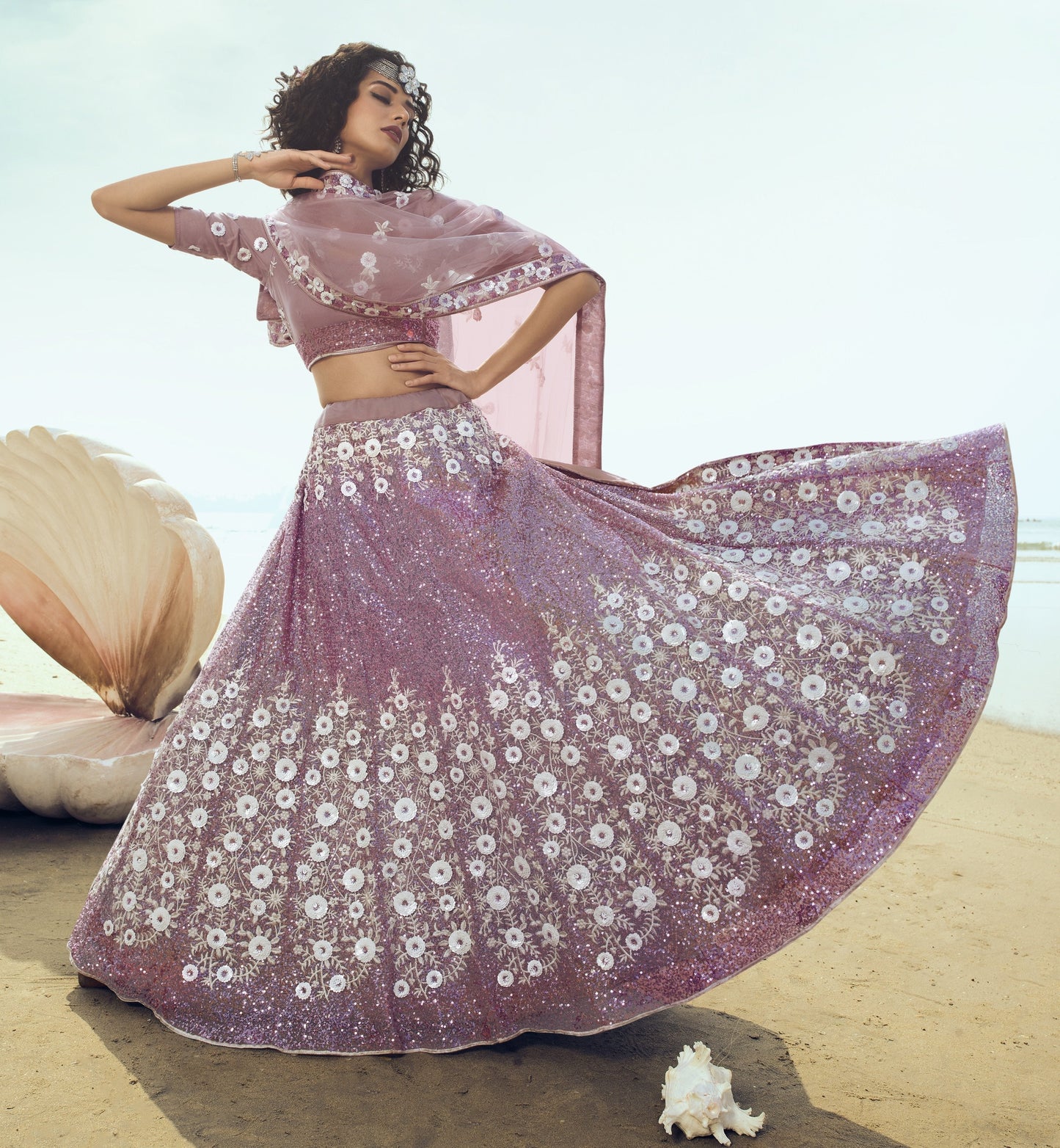 Mauve Thread Embroidered Sequins Work Net Bridal Lehenga Choli (Semi-Stitched) - Bridal Lehenga Choli - Raspberry Blush