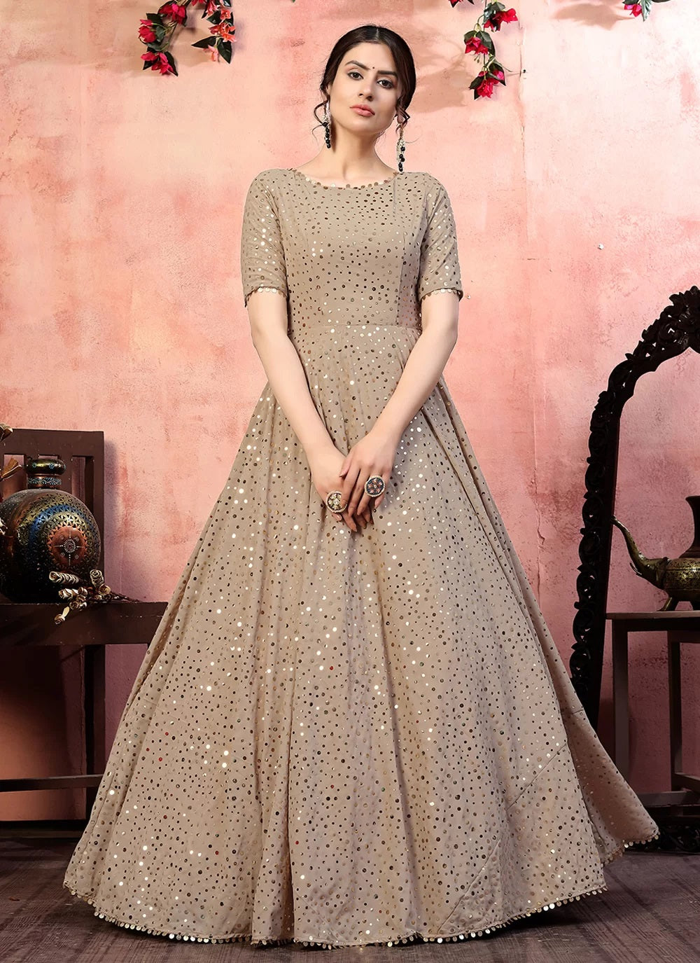 Beige Simple Gowns For Indian Wedding Reception – Gunj Fashion