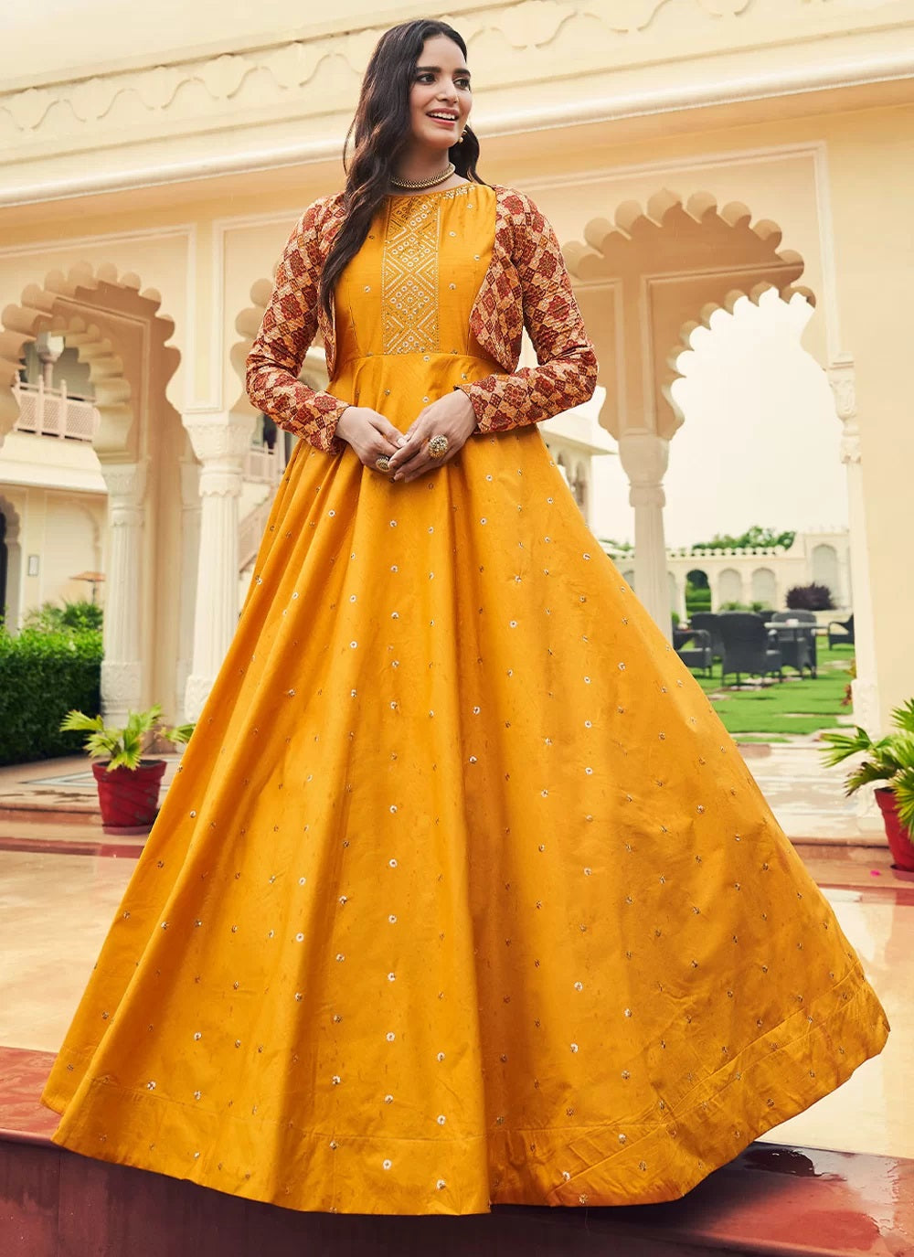 Shop Cotton Designer Mustard Anarkali Gown With Koti - Gunj Fashion